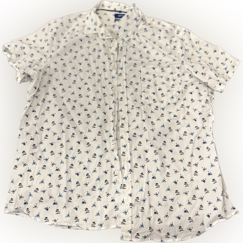 Apt 9 Premier Flex Slim Fit, XXL, white shirt with tree/moped print